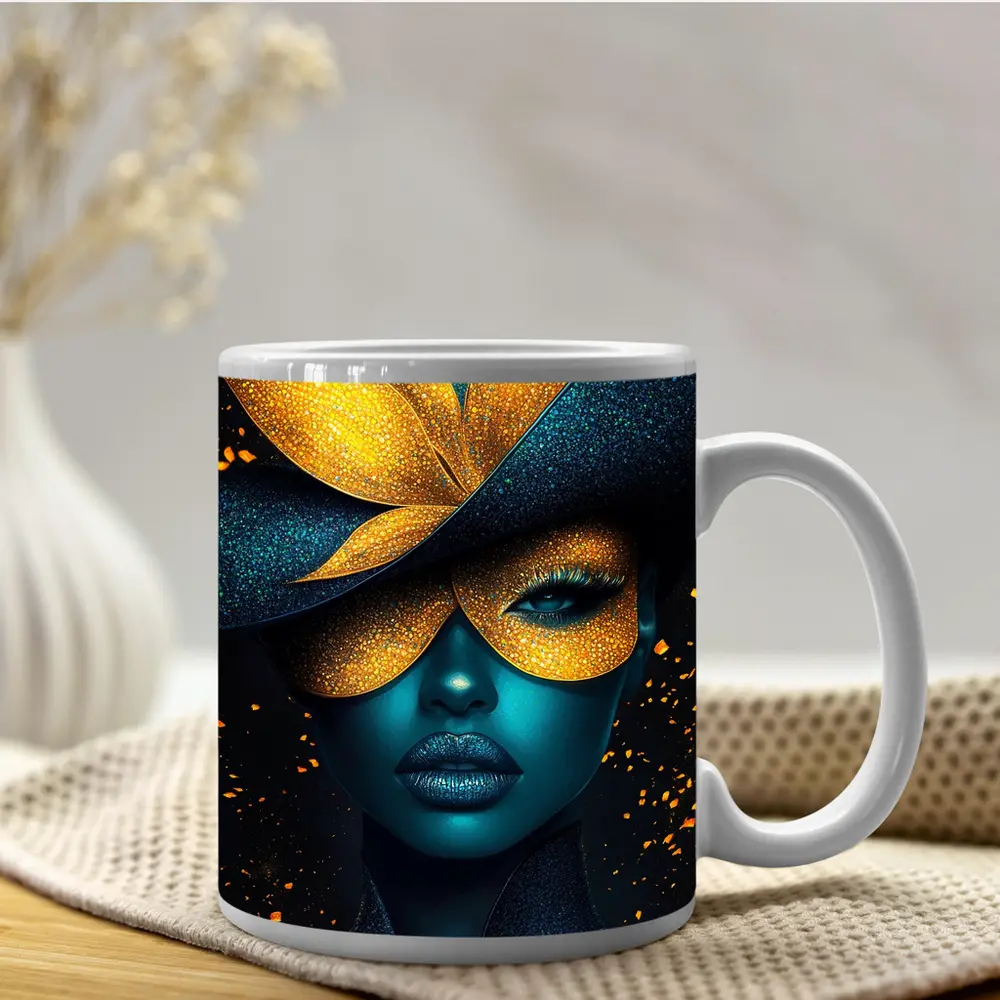 Blue Woman Gold Flower Mask Dark Art – Mugs