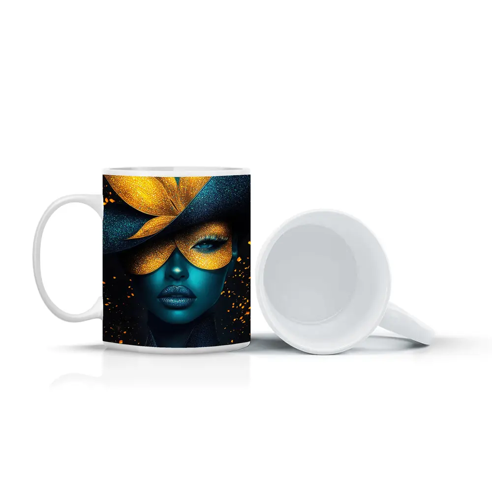 Blue Woman Gold Flower Mask Dark Art – Mugs