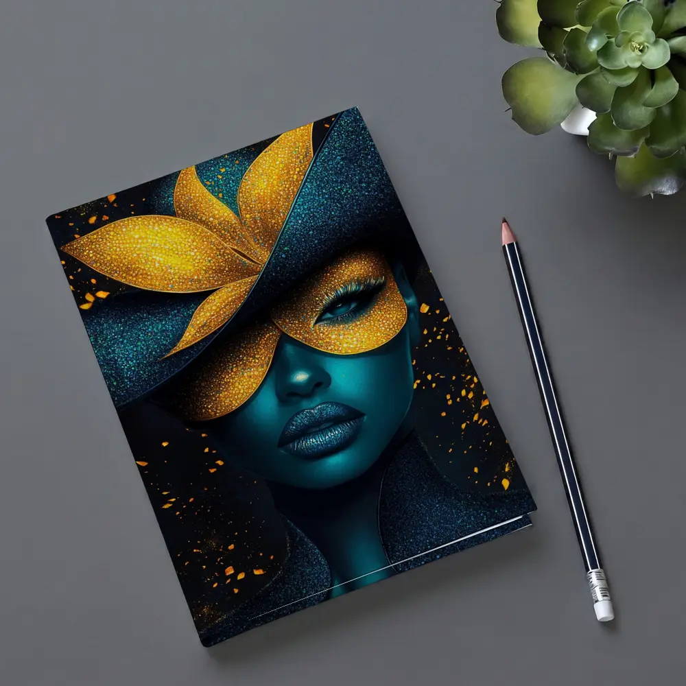 Blue Woman Gold Flower Mask Dark Art – Notebooks