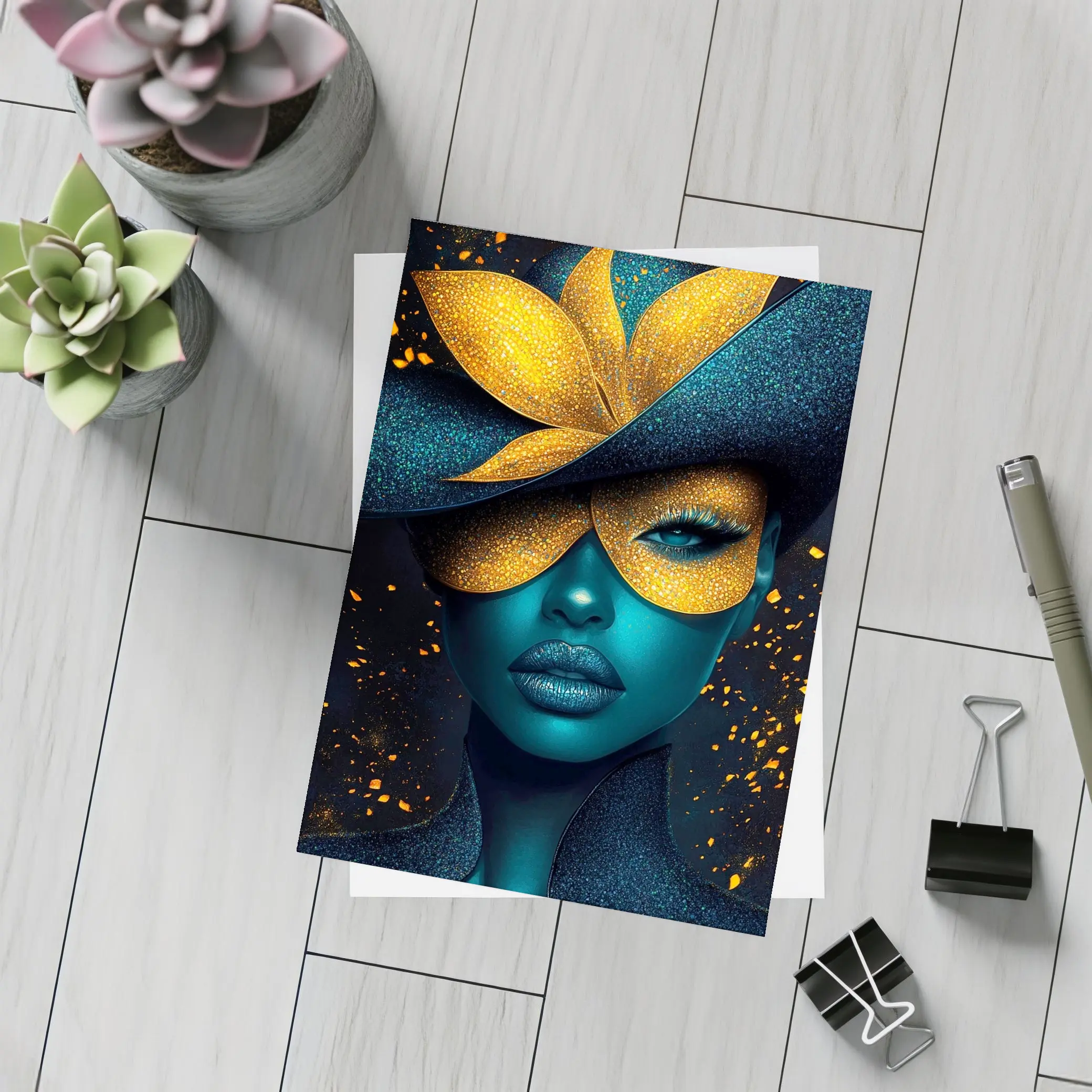 Blue Woman Gold Flower Mask Dark Art – Postcards