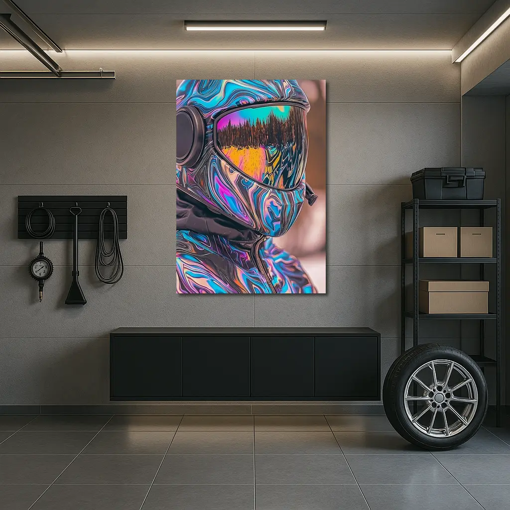 Iridescent Swirl Motorcycle Helmet Rider Portrait – Wall Art