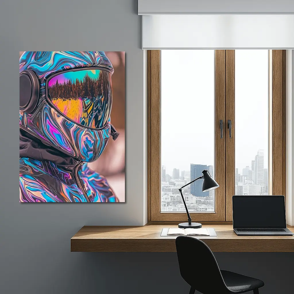 Iridescent Swirl Motorcycle Helmet Rider Portrait – Wall Art