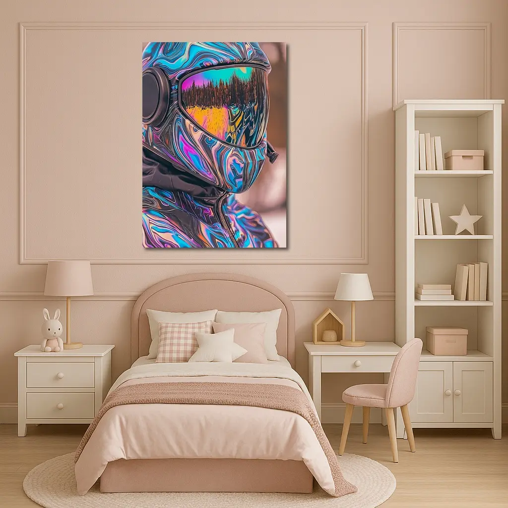 Iridescent Swirl Motorcycle Helmet Rider Portrait – Wall Art