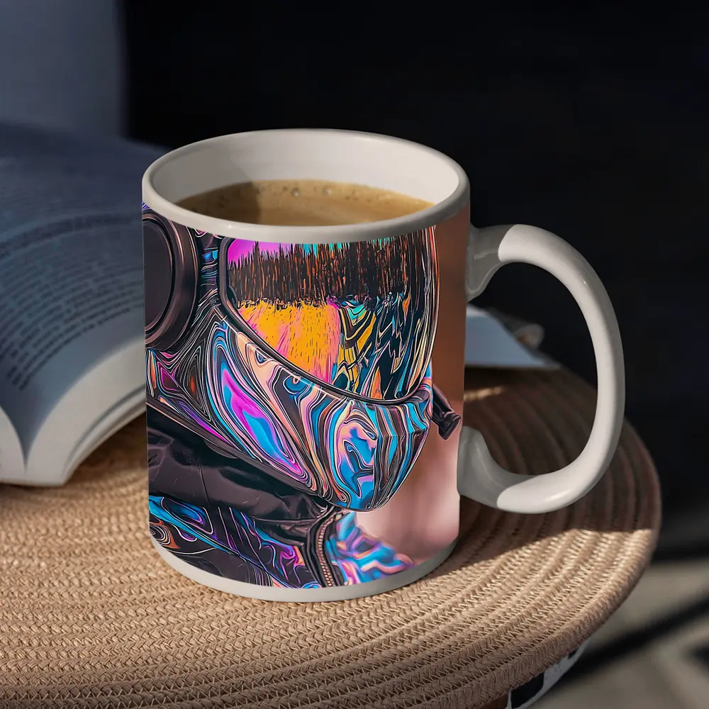 Iridescent Swirl Motorcycle Helmet Rider Portrait – Mugs