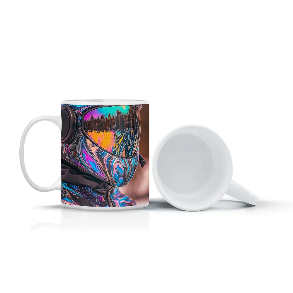 Iridescent Swirl Motorcycle Helmet Rider Portrait – Mugs