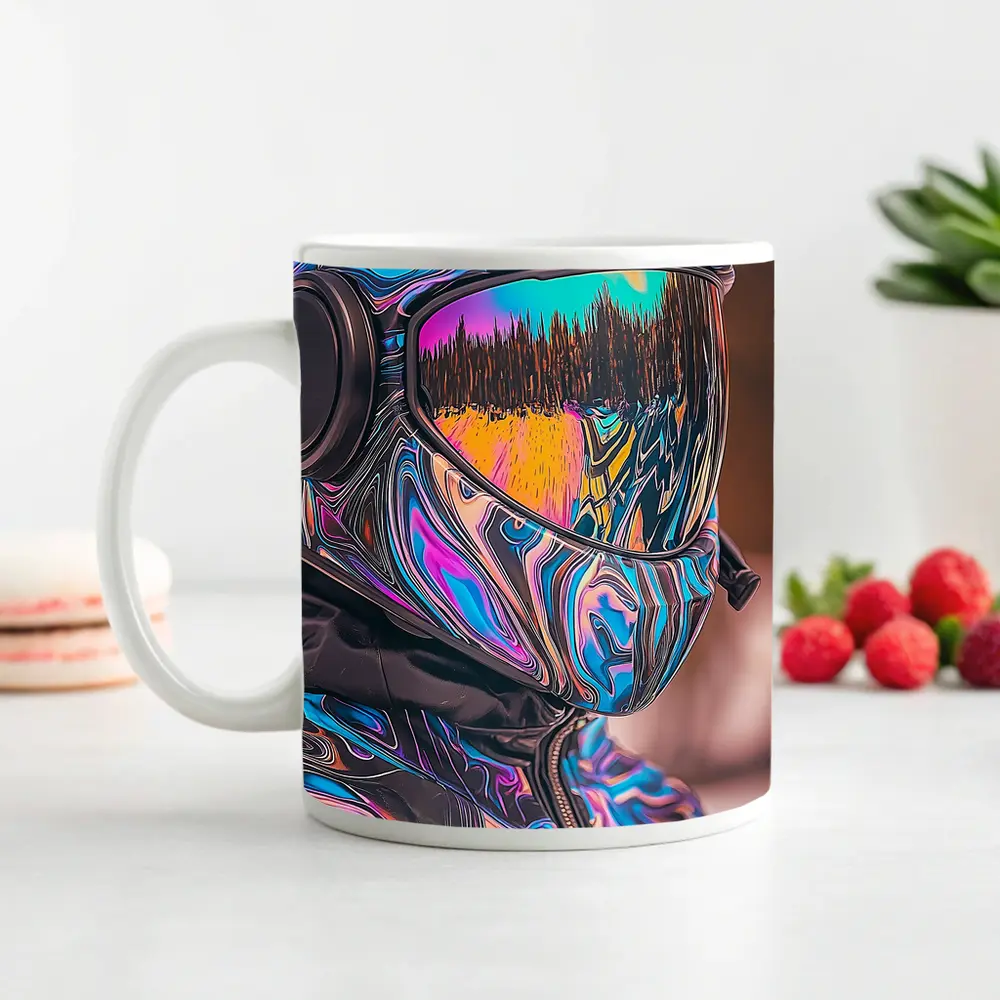 Iridescent Swirl Motorcycle Helmet Rider Portrait – Mugs