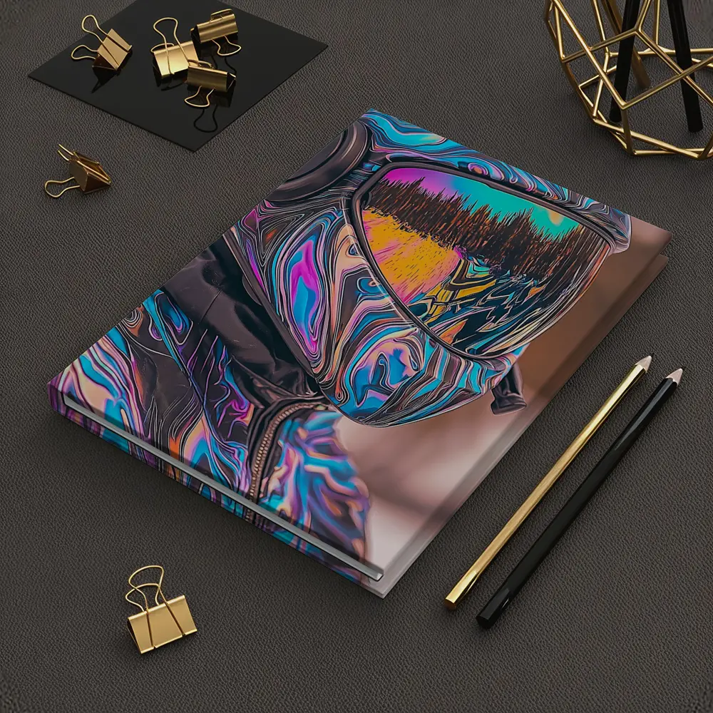 Iridescent Swirl Motorcycle Helmet Rider Portrait – Notebooks