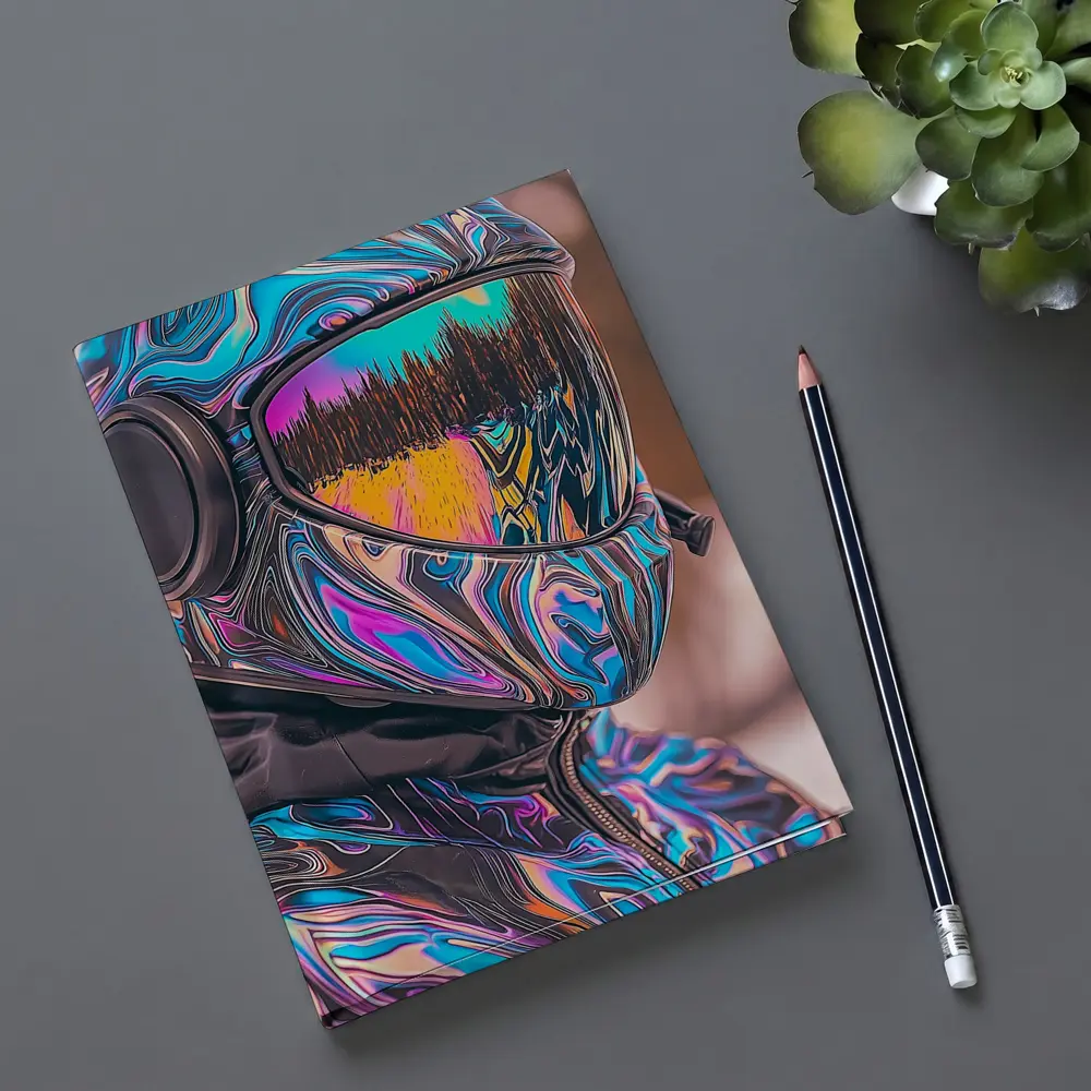 Iridescent Swirl Motorcycle Helmet Rider Portrait – Notebooks