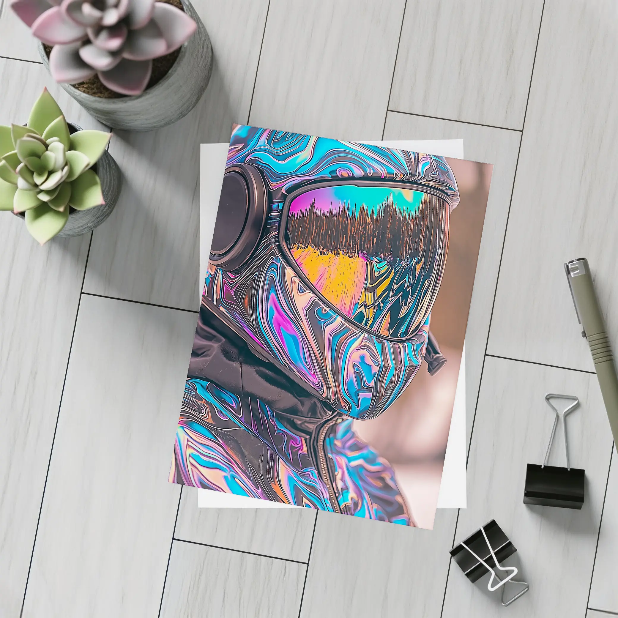 Iridescent Swirl Motorcycle Helmet Rider Portrait – Postcards
