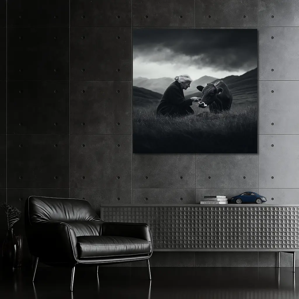 Elderly Woman Feeding Cow Stormy Mountains – Wall Art