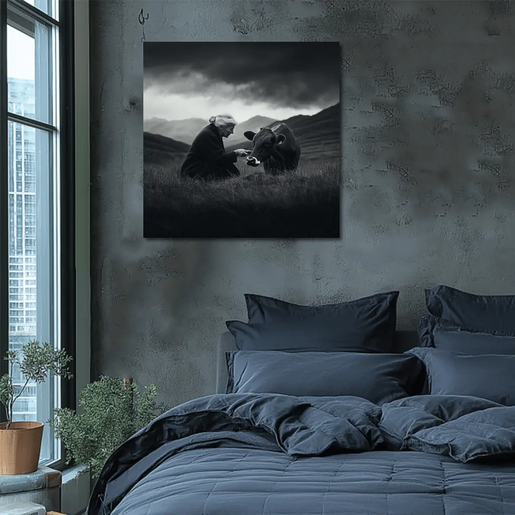 Elderly Woman Feeding Cow Stormy Mountains – Wall Art