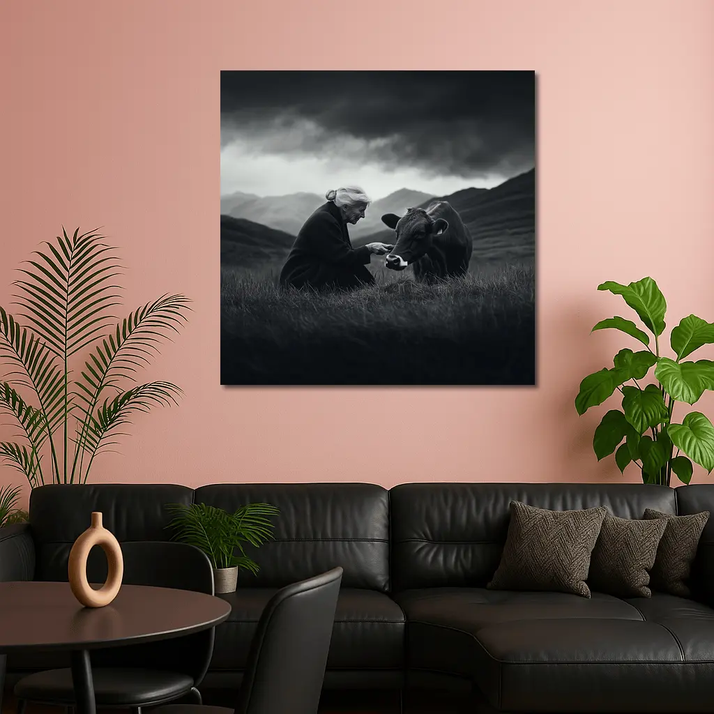 Elderly Woman Feeding Cow Stormy Mountains – Wall Art