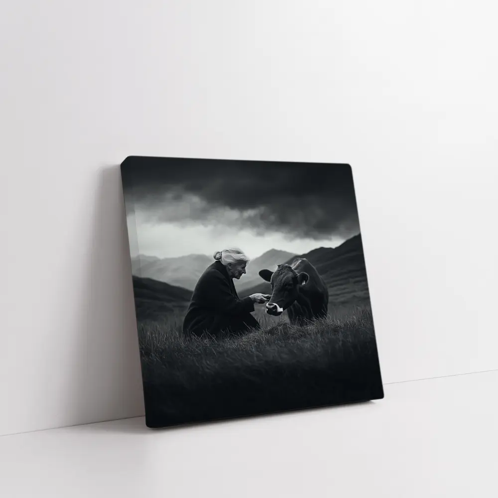 Elderly Woman Feeding Cow Stormy Mountains – Wall Art