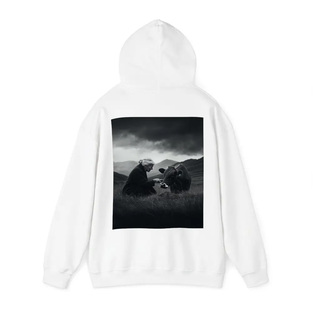 Elderly Woman Feeding Cow Stormy Mountains – Hoodies