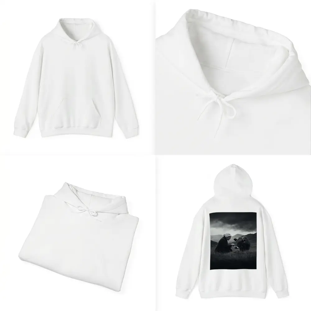 Elderly Woman Feeding Cow Stormy Mountains – Hoodies