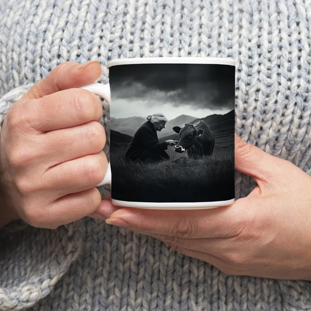 Elderly Woman Feeding Cow Stormy Mountains – Mugs