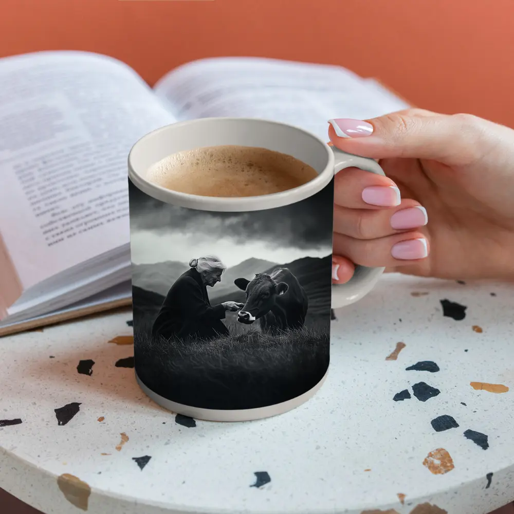 Elderly Woman Feeding Cow Stormy Mountains – Mugs