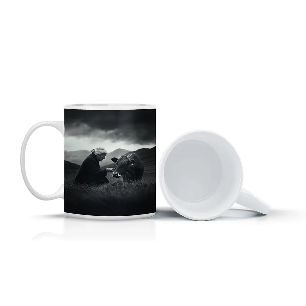 Elderly Woman Feeding Cow Stormy Mountains – Mugs