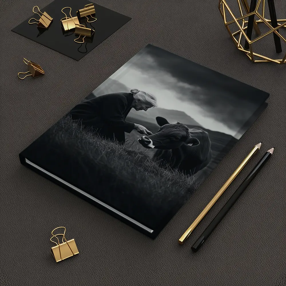 Elderly Woman Feeding Cow Stormy Mountains – Notebooks