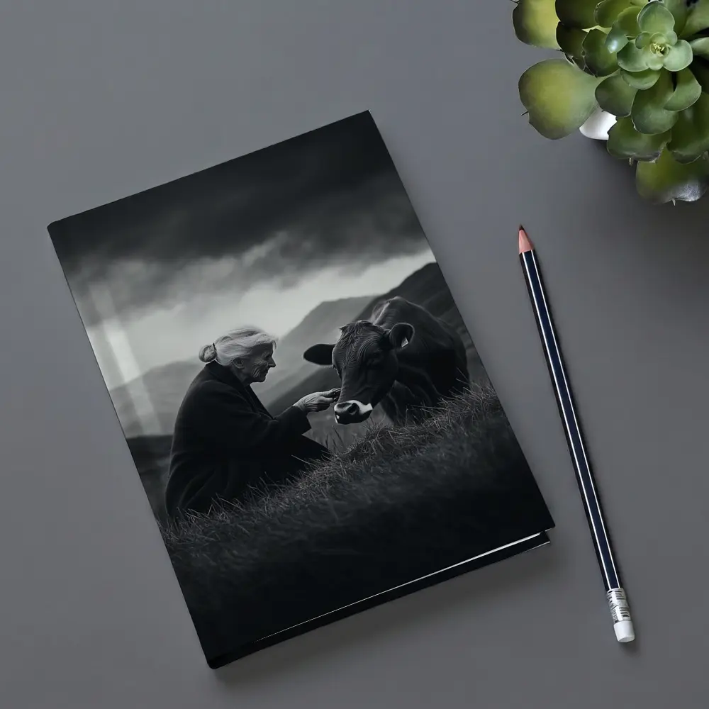 Elderly Woman Feeding Cow Stormy Mountains – Notebooks