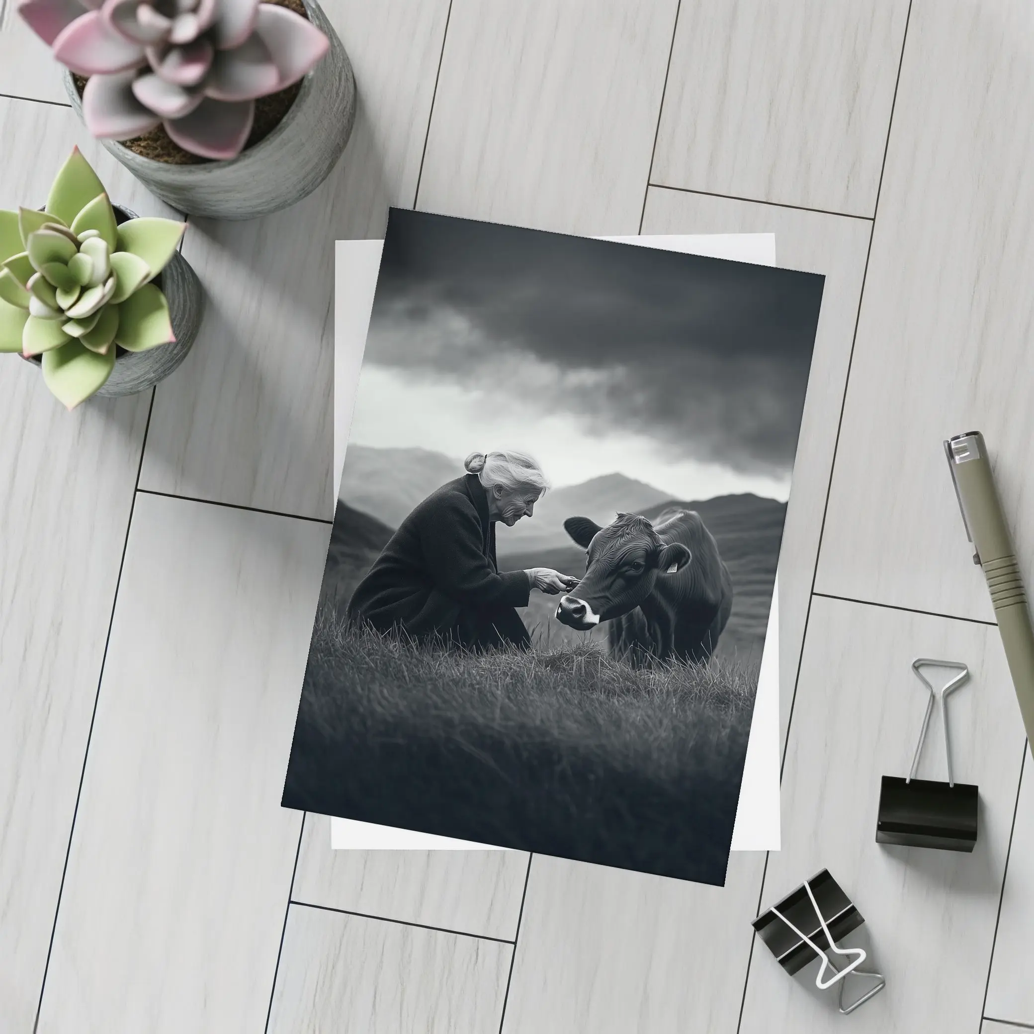Elderly Woman Feeding Cow Stormy Mountains – Postcards