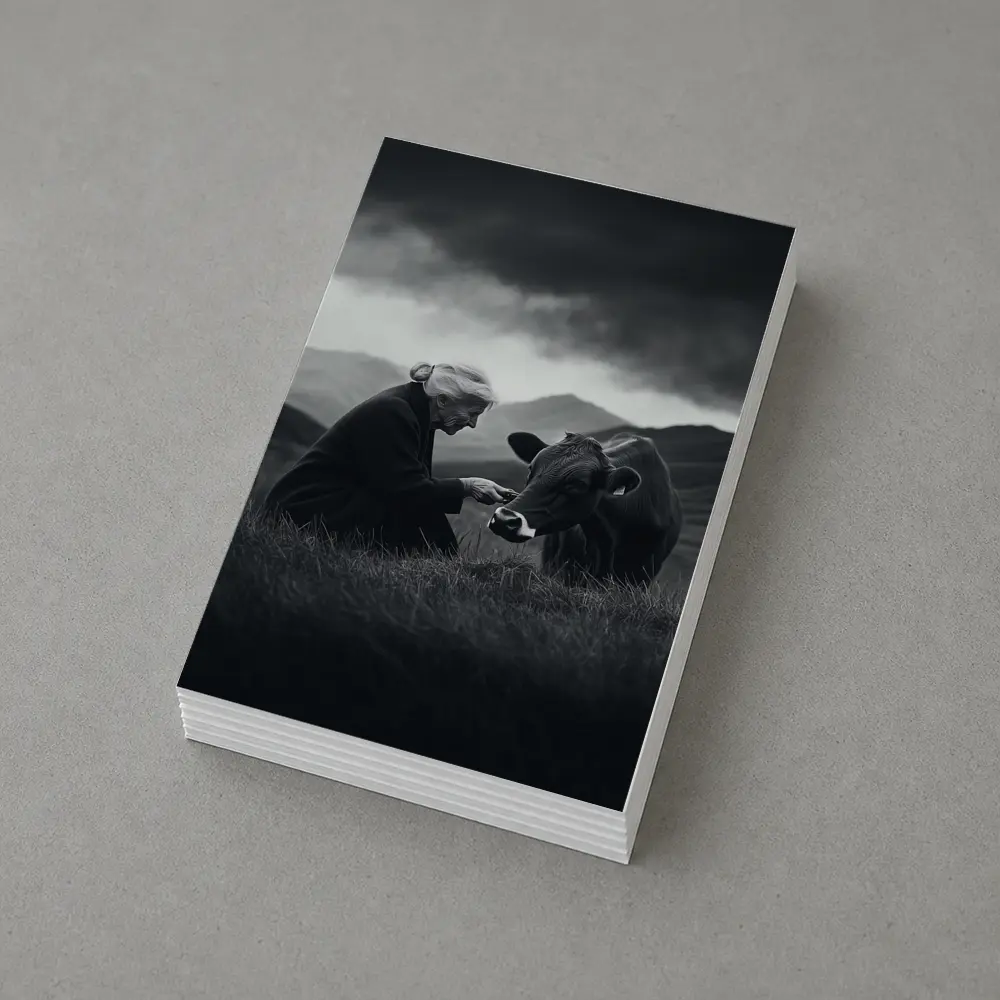 Elderly Woman Feeding Cow Stormy Mountains – Postcards