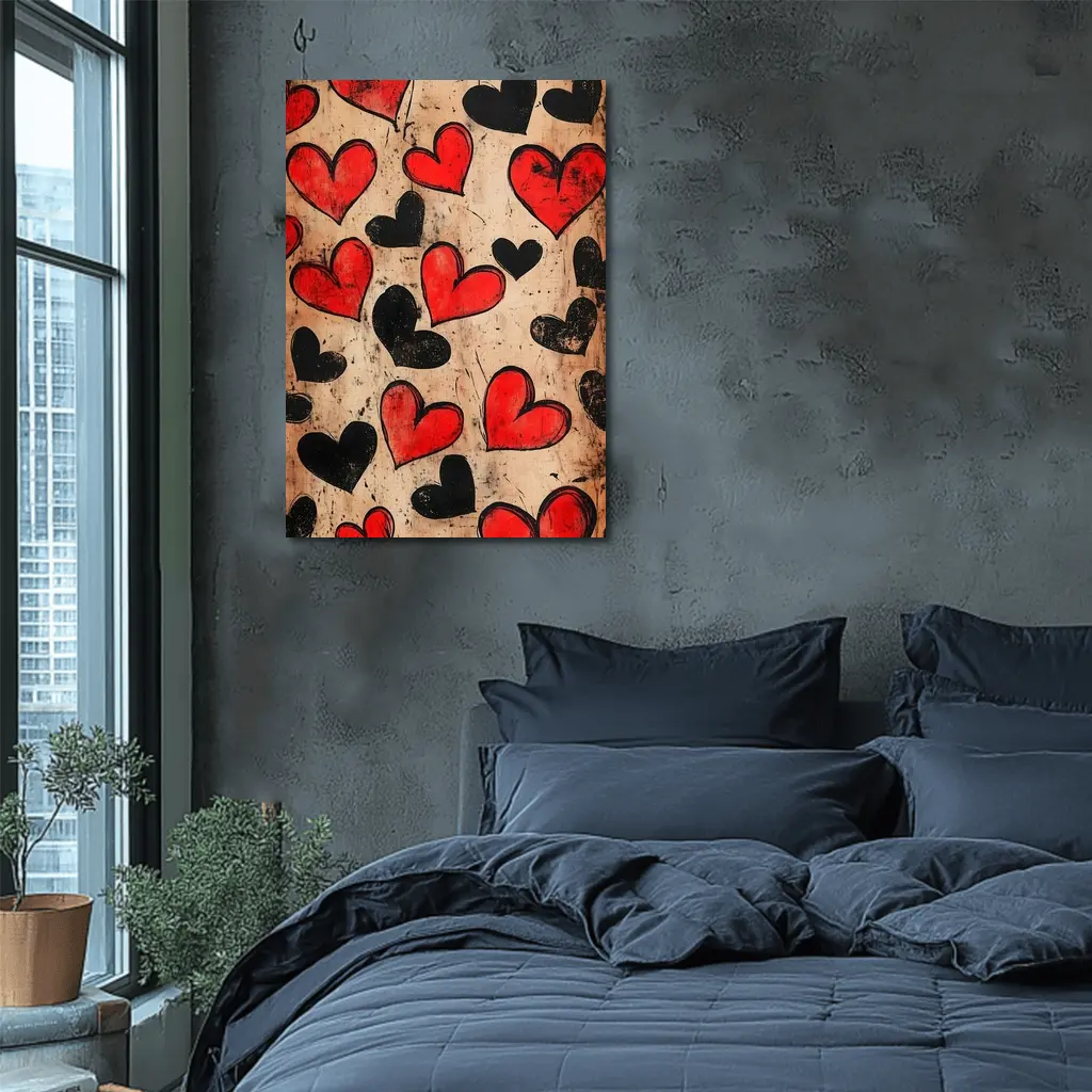 Red Black Hearts Grunge Beige Textured Pattern – Wall Art