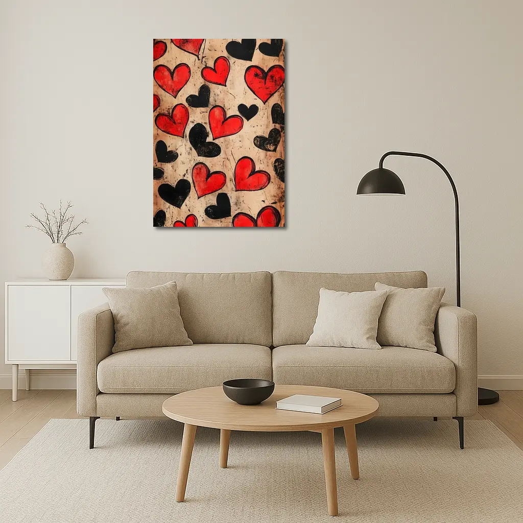 Red Black Hearts Grunge Beige Textured Pattern – Wall Art