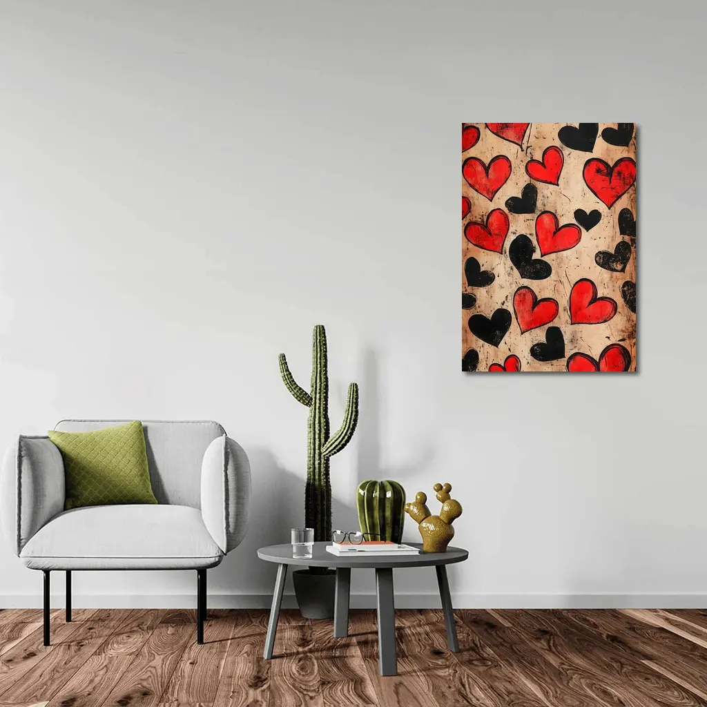 Red Black Hearts Grunge Beige Textured Pattern – Wall Art