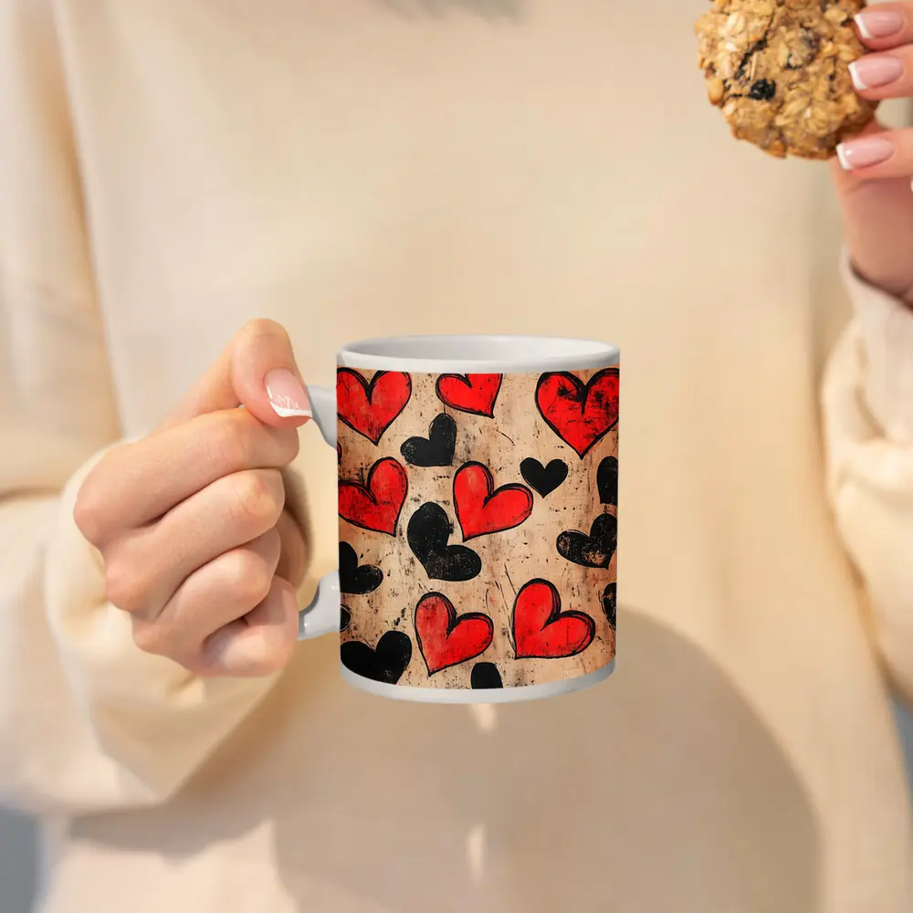 Red Black Hearts Grunge Beige Textured Pattern – Mugs