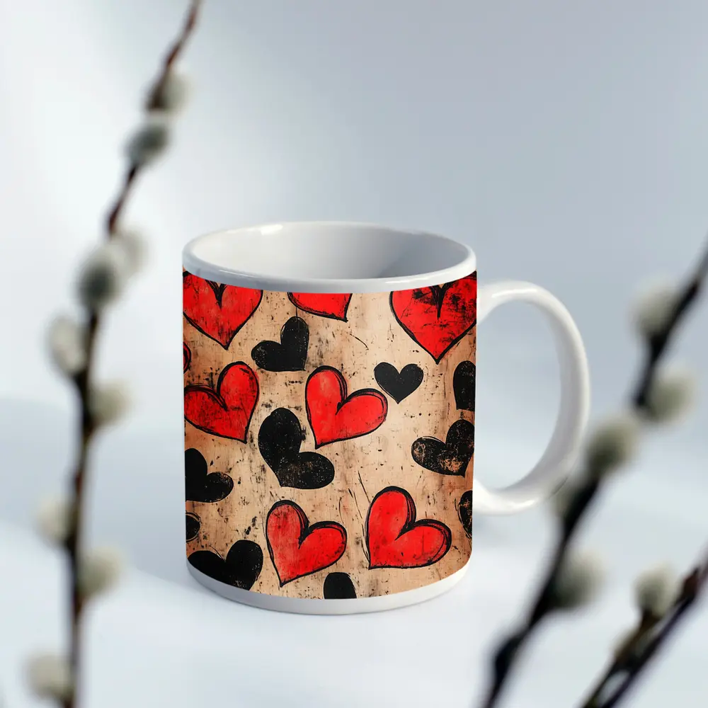 Red Black Hearts Grunge Beige Textured Pattern – Mugs