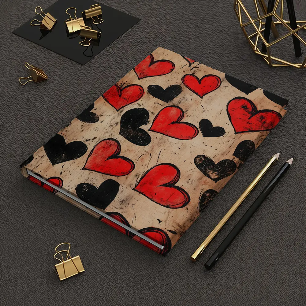 Red Black Hearts Grunge Beige Textured Pattern – Notebooks