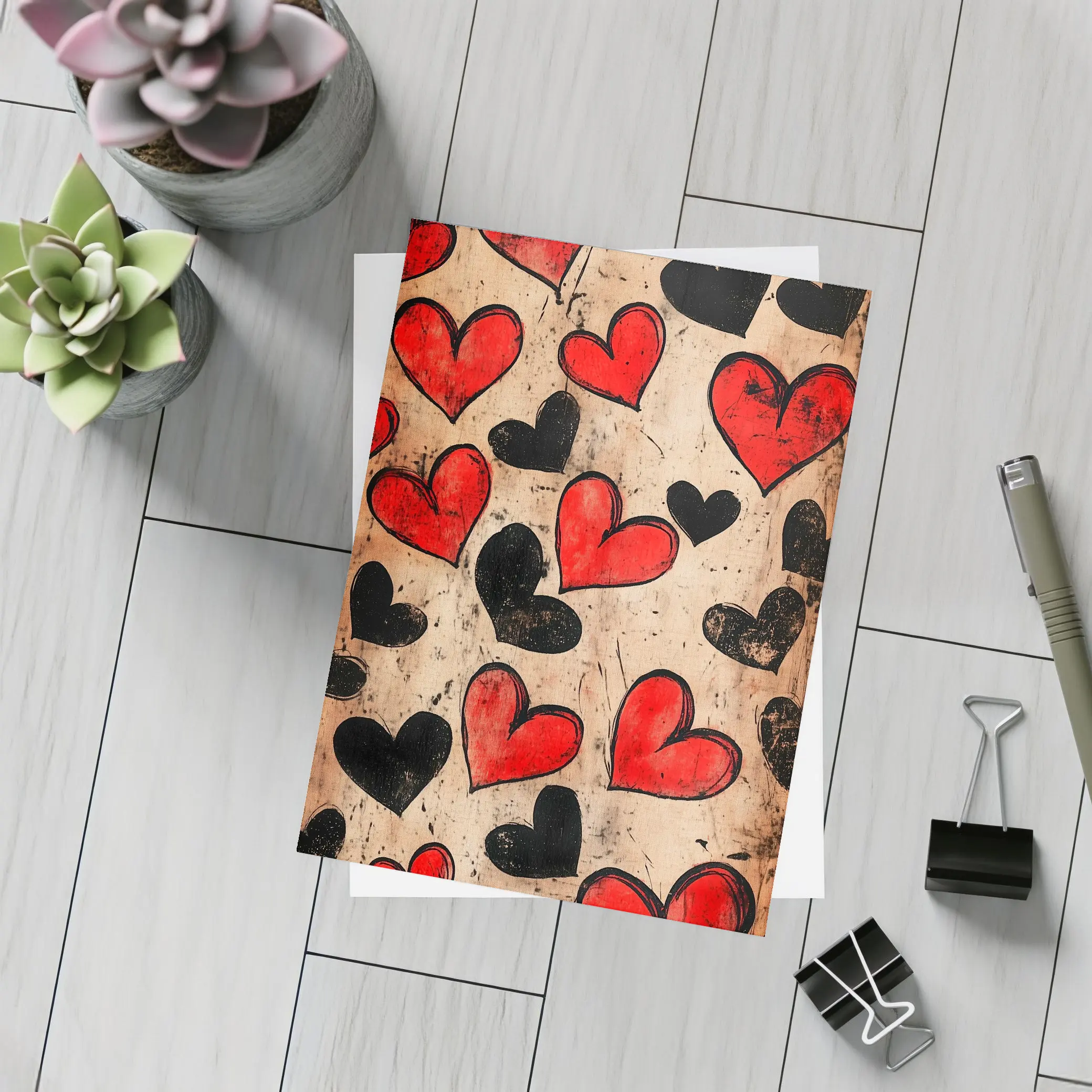 Red Black Hearts Grunge Beige Textured Pattern – Postcards