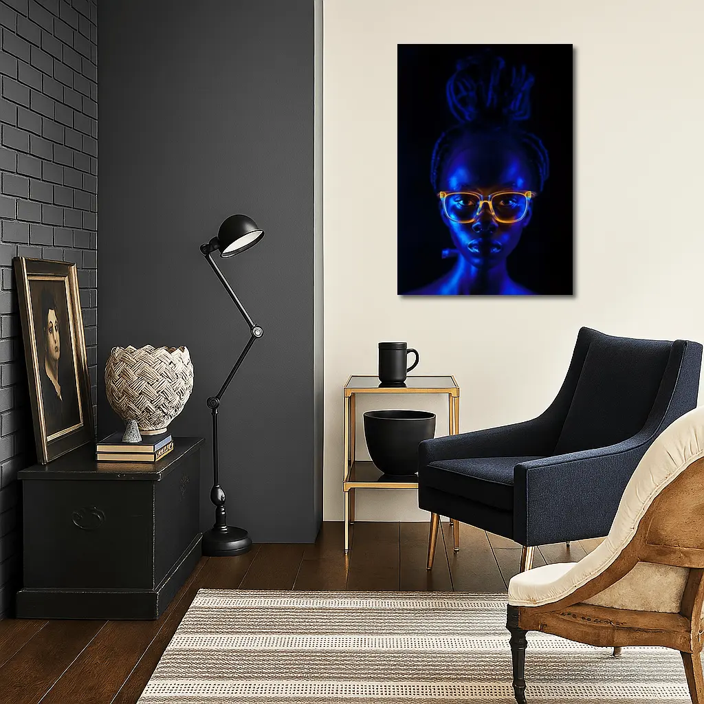 Woman Portrait Glowing Neon Glasses Dark Background – Wall Art