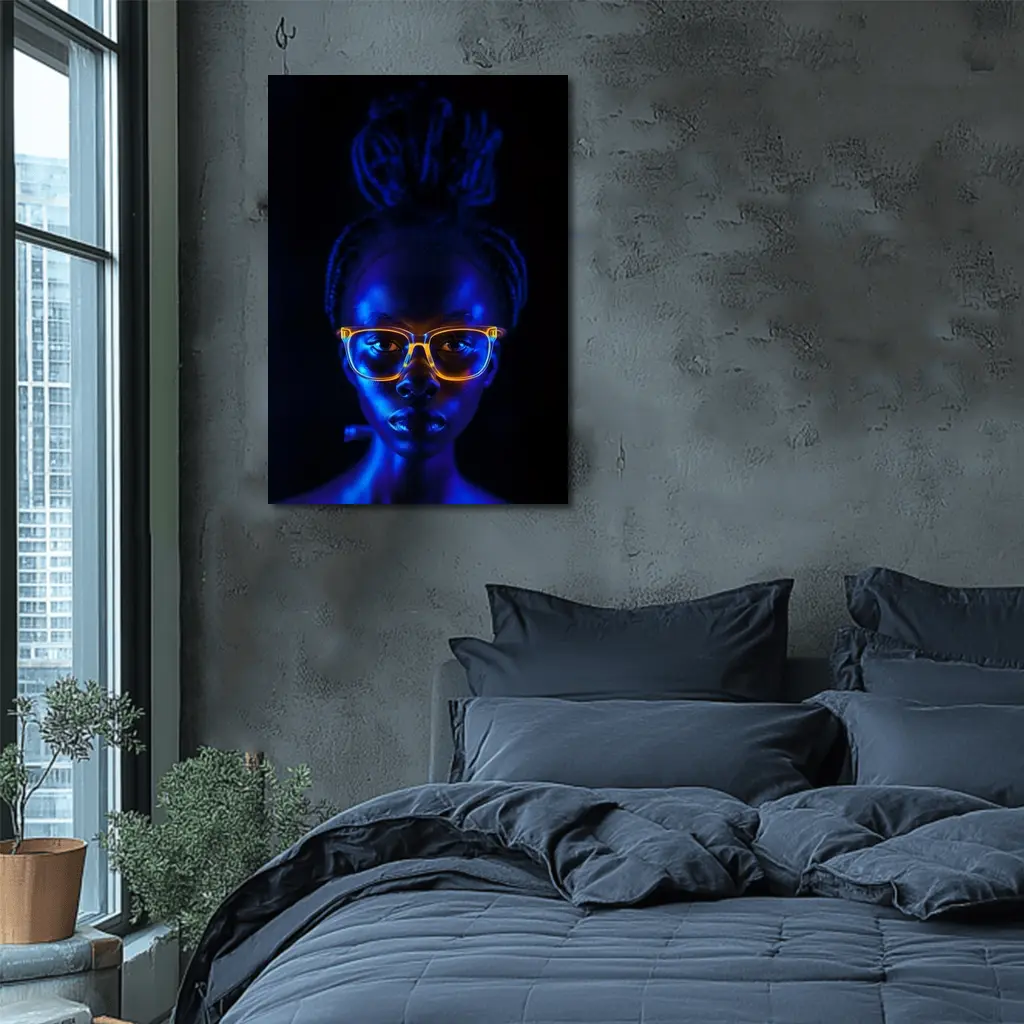 Woman Portrait Glowing Neon Glasses Dark Background – Wall Art