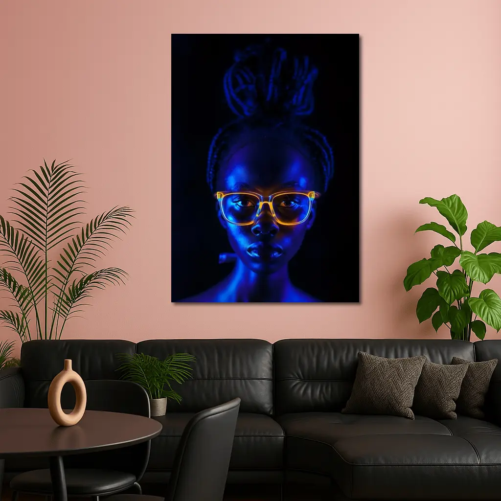 Woman Portrait Glowing Neon Glasses Dark Background – Wall Art