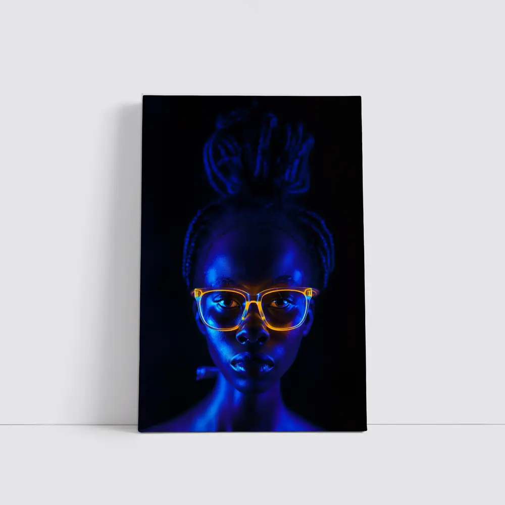 Woman Portrait Glowing Neon Glasses Dark Background – Wall Art