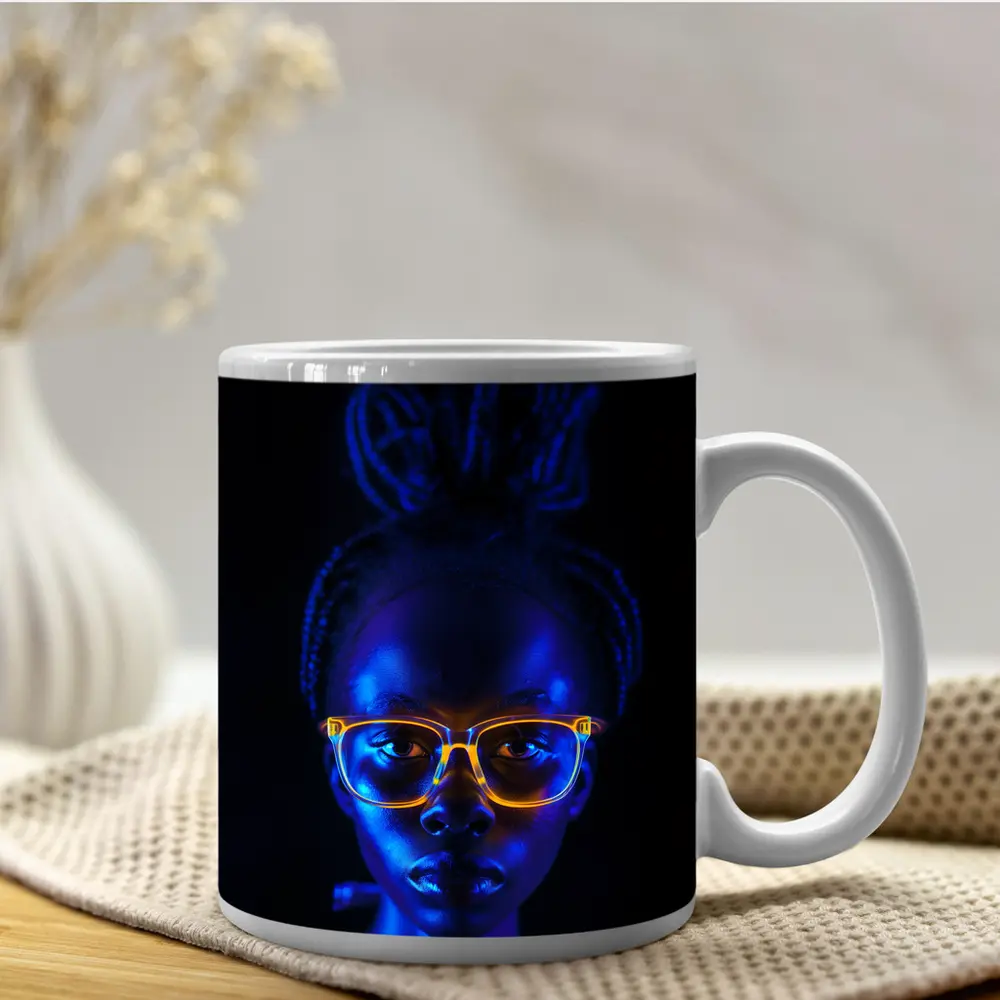 Woman Portrait Glowing Neon Glasses Dark Background – Mugs