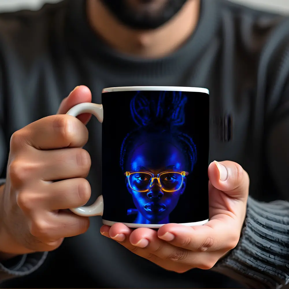 Woman Portrait Glowing Neon Glasses Dark Background – Mugs