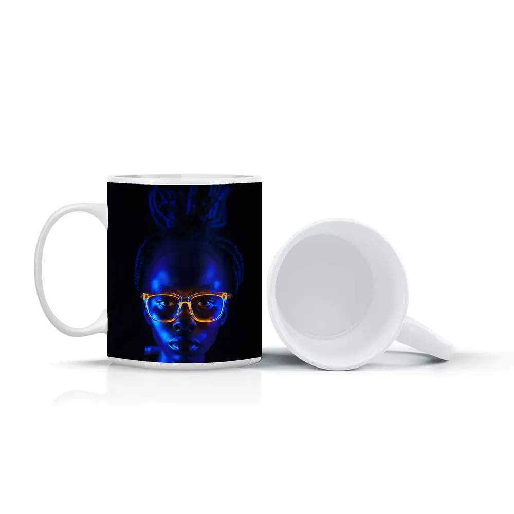 Woman Portrait Glowing Neon Glasses Dark Background – Mugs