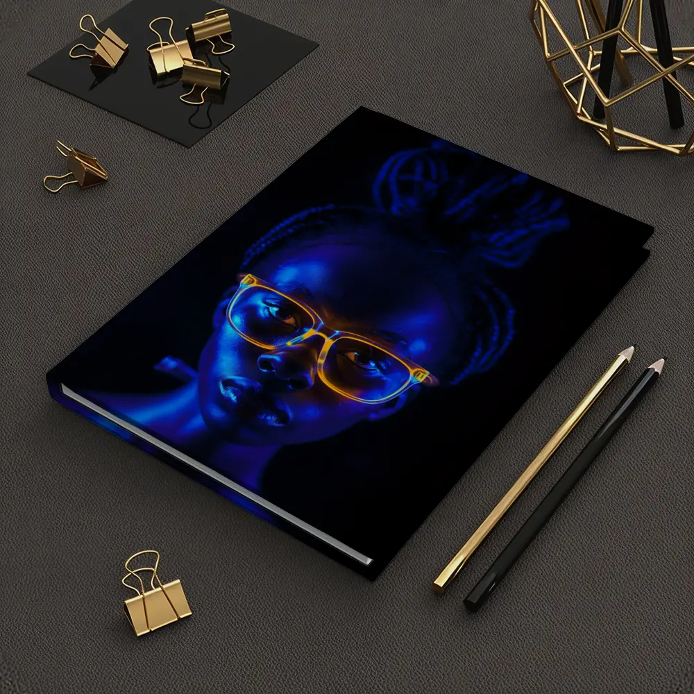 Woman Portrait Glowing Neon Glasses Dark Background – Notebooks