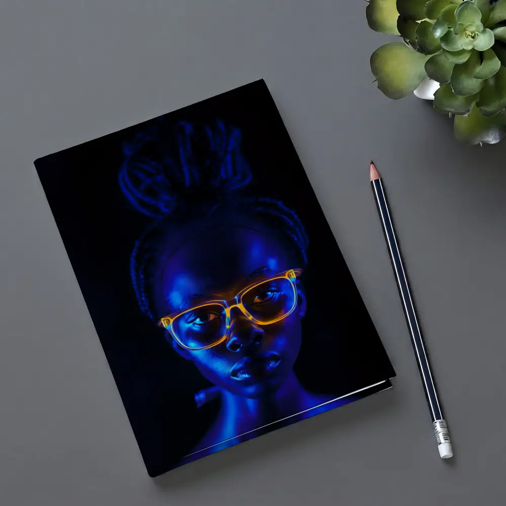 Woman Portrait Glowing Neon Glasses Dark Background – Notebooks