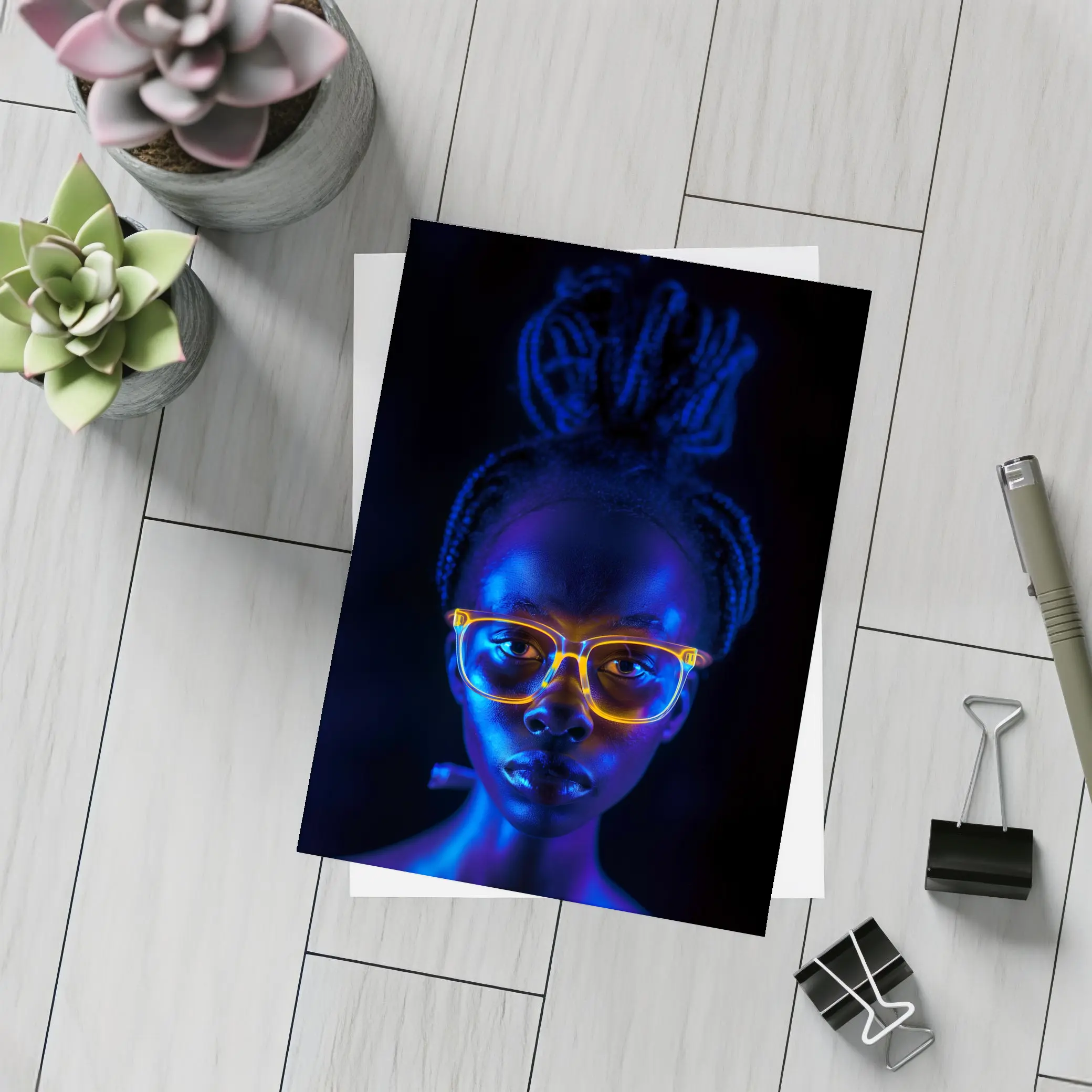Woman Portrait Glowing Neon Glasses Dark Background – Postcards