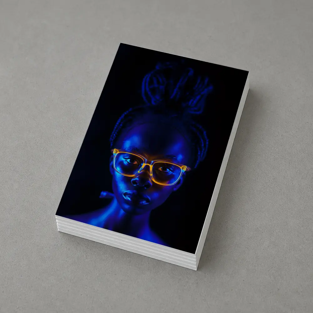 Woman Portrait Glowing Neon Glasses Dark Background – Postcards