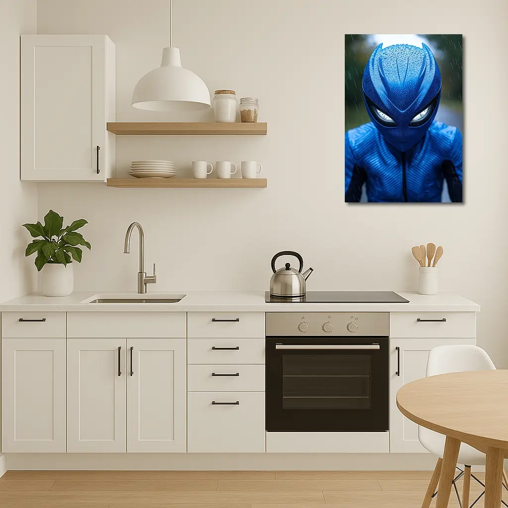 Blue Alien Superhero Mask In Rain – Wall Art