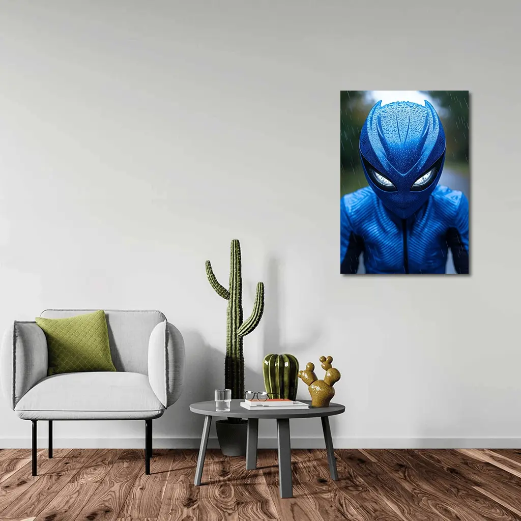 Blue Alien Superhero Mask In Rain – Wall Art