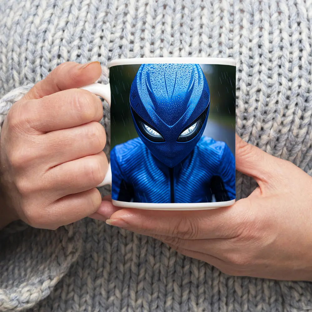 Blue Alien Superhero Mask In Rain – Mugs