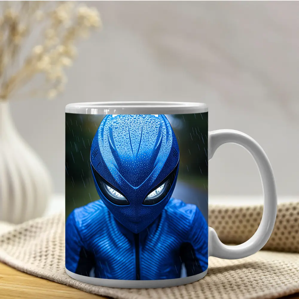 Blue Alien Superhero Mask In Rain – Mugs