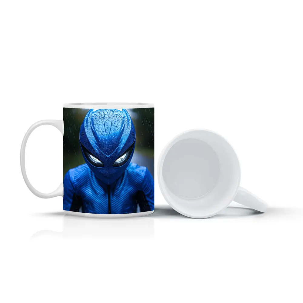 Blue Alien Superhero Mask In Rain – Mugs