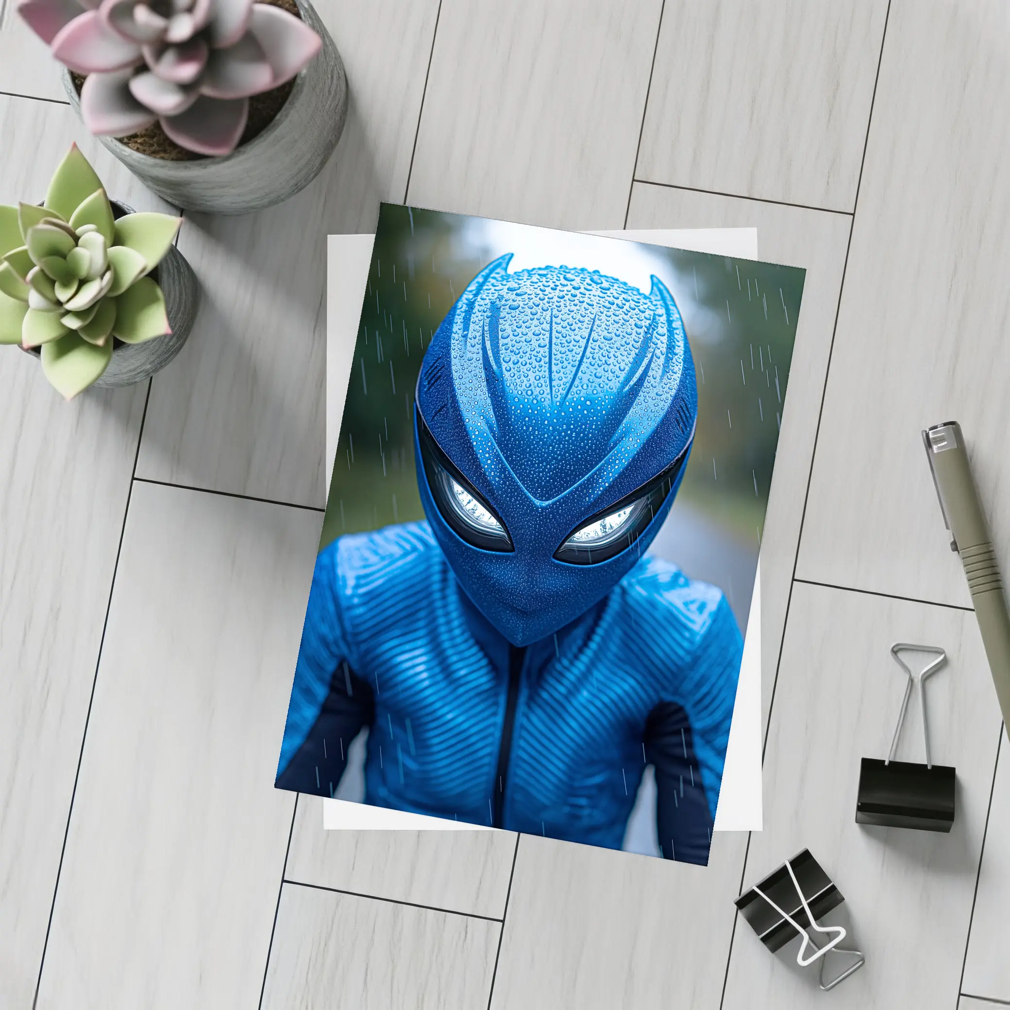 Blue Alien Superhero Mask In Rain – Postcards